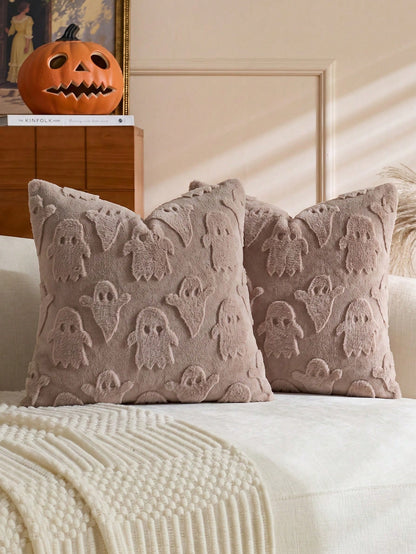 1pc Halloween Ghost Decorative Pillow Case, Front Jacquard Faux Rabbit Fur Ghost, Back Dutch Velvet Fabric, Square Cushion Cover, Holiday Home Pillowcase Decor, Soft Comfortable Velvet Fabric, Modern