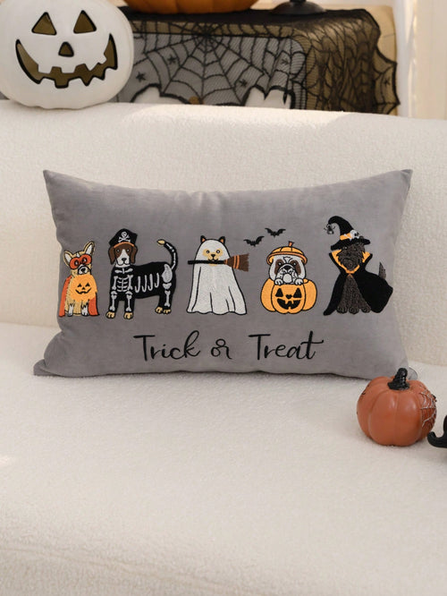 1pc Halloween Grey Ghost/Pumpkin Dog Embroidered Pillow Case, Halloween Trick Or Treat Pillow Cover, Suitable For Indoor Decoration, Ghost Festival Decor, All-Season Pillow Case, Without Insert