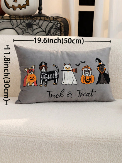 1pc Halloween Grey Ghost/Pumpkin Dog Embroidered Pillow Case, Halloween Trick Or Treat Pillow Cover, Suitable For Indoor Decoration, Ghost Festival Decor, All-Season Pillow Case, Without Insert