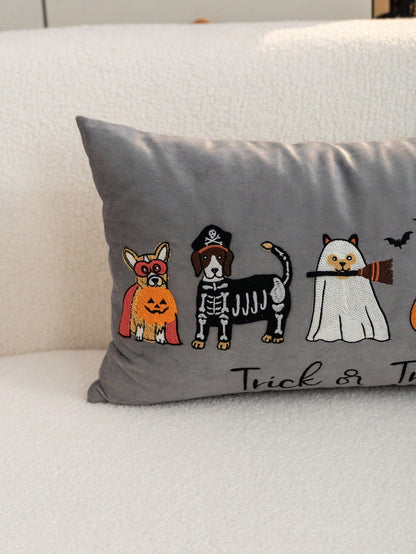 1pc Halloween Grey Ghost/Pumpkin Dog Embroidered Pillow Case, Halloween Trick Or Treat Pillow Cover, Suitable For Indoor Decoration, Ghost Festival Decor, All-Season Pillow Case, Without Insert