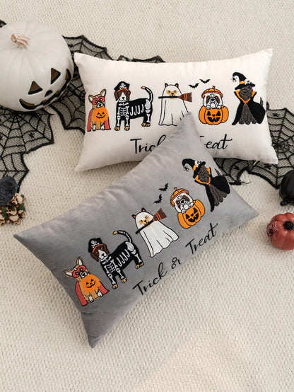 1pc Halloween Grey Ghost/Pumpkin Dog Embroidered Pillow Case, Halloween Trick Or Treat Pillow Cover, Suitable For Indoor Decoration, Ghost Festival Decor, All-Season Pillow Case, Without Insert