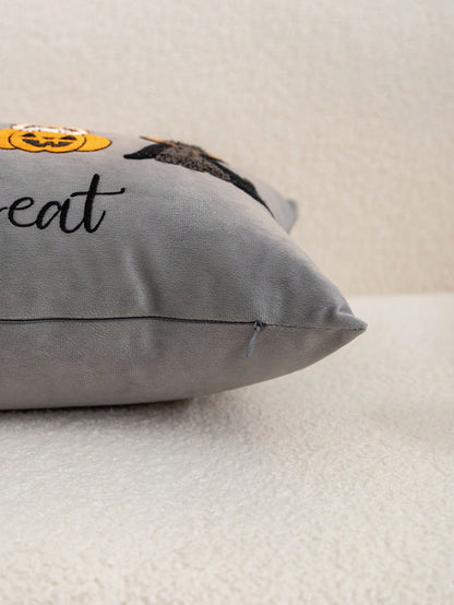 1pc Halloween Grey Ghost/Pumpkin Dog Embroidered Pillow Case, Halloween Trick Or Treat Pillow Cover, Suitable For Indoor Decoration, Ghost Festival Decor, All-Season Pillow Case, Without Insert