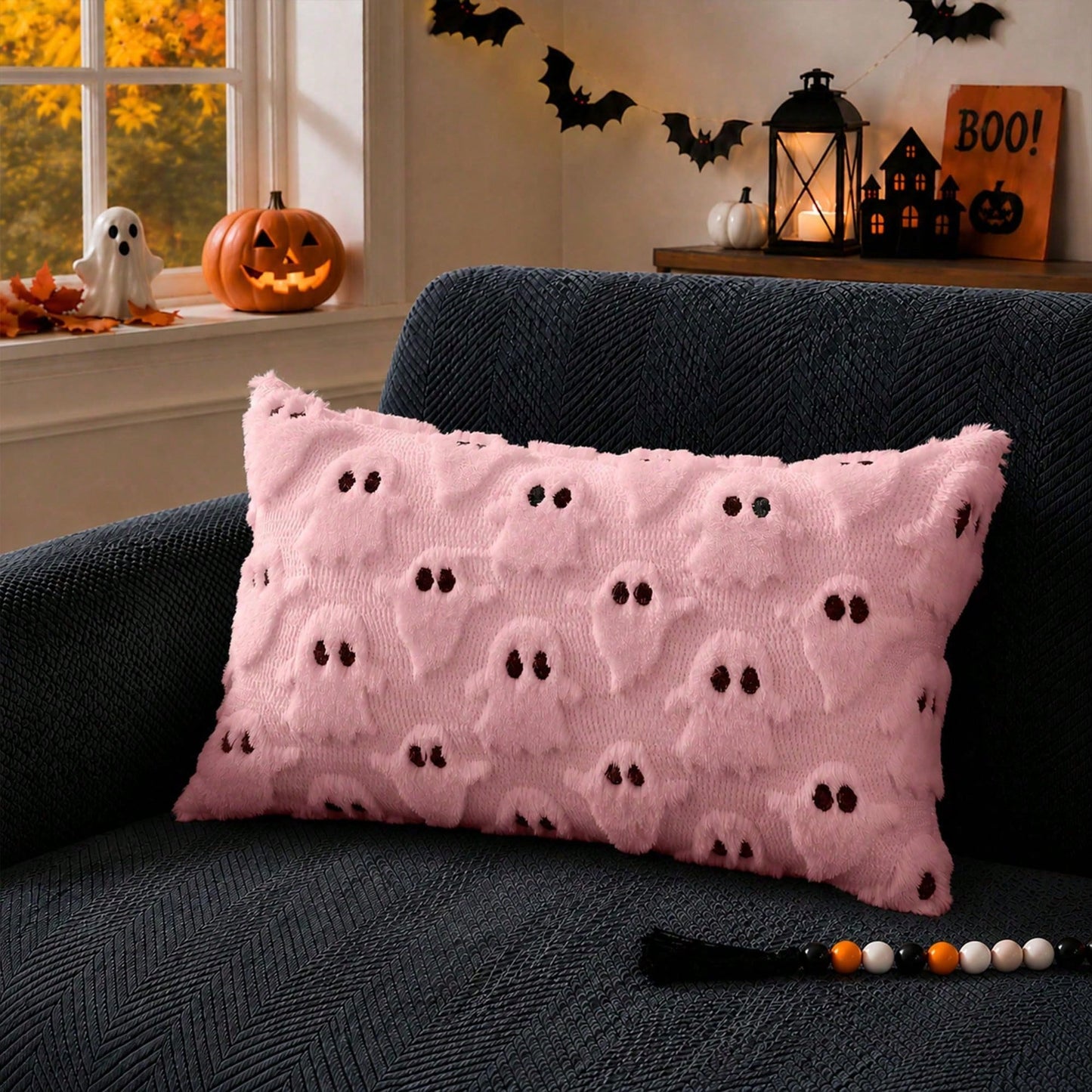 1Pc Halloween Pillow Covers 12x20 Inch Ghost Decor Beige Halloween Lumbar Pillow Covers Decorative For Halloween Home Decor For Sofa