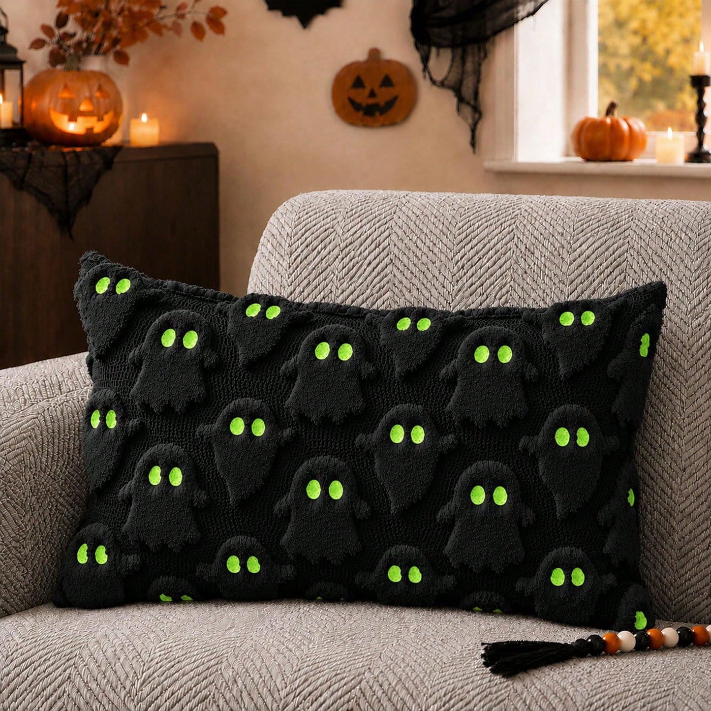 1Pc Halloween Pillow Covers 12x20 Inch Ghost Decor Beige Halloween Lumbar Pillow Covers Decorative For Halloween Home Decor For Sofa