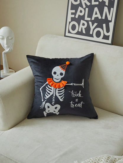 1pc Halloween Skeleton Embroidered Pillow Case, Halloween Trick Or Treat Pillow Cover, Suitable For Indoor Decoration, Halloween Decor, All Season Pillow Case, Without Insert