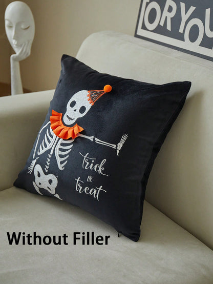 1pc Halloween Skeleton Embroidered Pillow Case, Halloween Trick Or Treat Pillow Cover, Suitable For Indoor Decoration, Halloween Decor, All Season Pillow Case, Without Insert