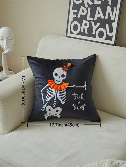 1pc Halloween Skeleton Embroidered Pillow Case, Halloween Trick Or Treat Pillow Cover, Suitable For Indoor Decoration, Halloween Decor, All Season Pillow Case, Without Insert