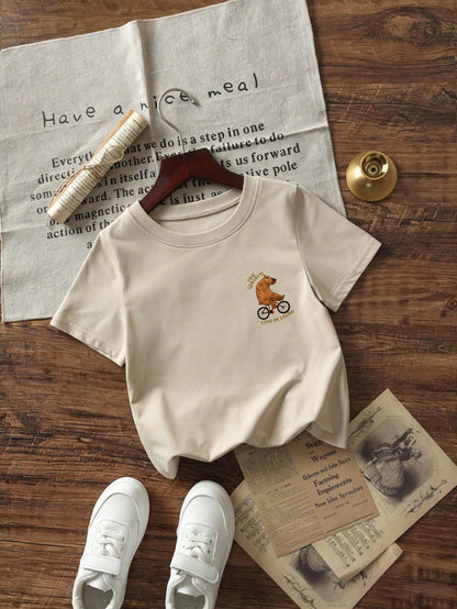 1pc Infant/Toddler Boys' Creative Cartoon Graphic Letter Slogan Print Basic Round Neck Short Sleeve T-Shirt, Casual Fashion Baby Boy Clothes