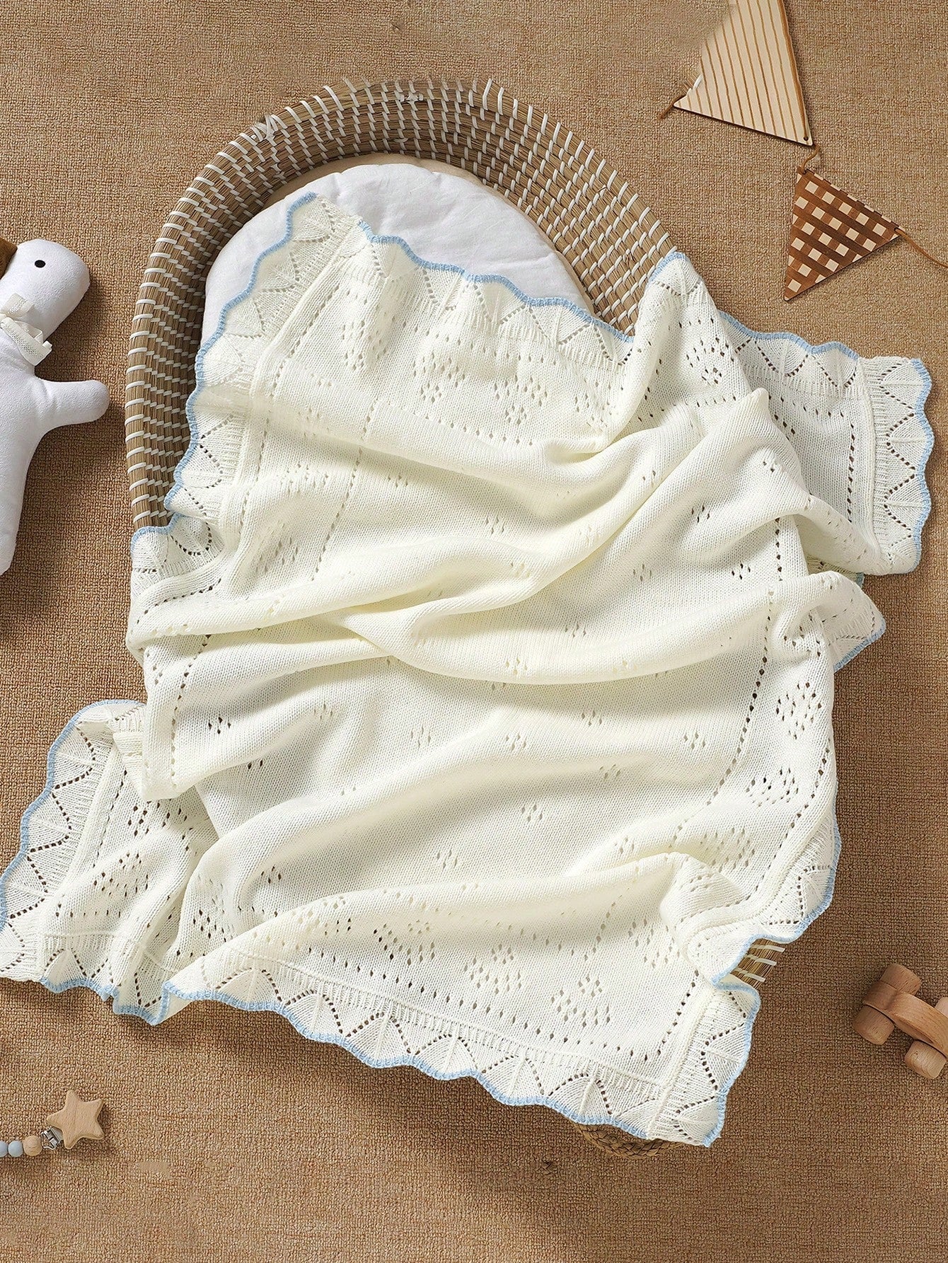 1pc Knitted Baby Blanket With Perforated Texture + Contrasting Wavy Trim, Gentle Children Blanket For All Seasons