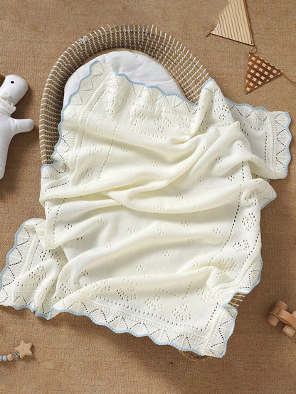 1pc Knitted Baby Blanket With Perforated Texture + Contrasting Wavy Trim, Gentle Children Blanket For All Seasons