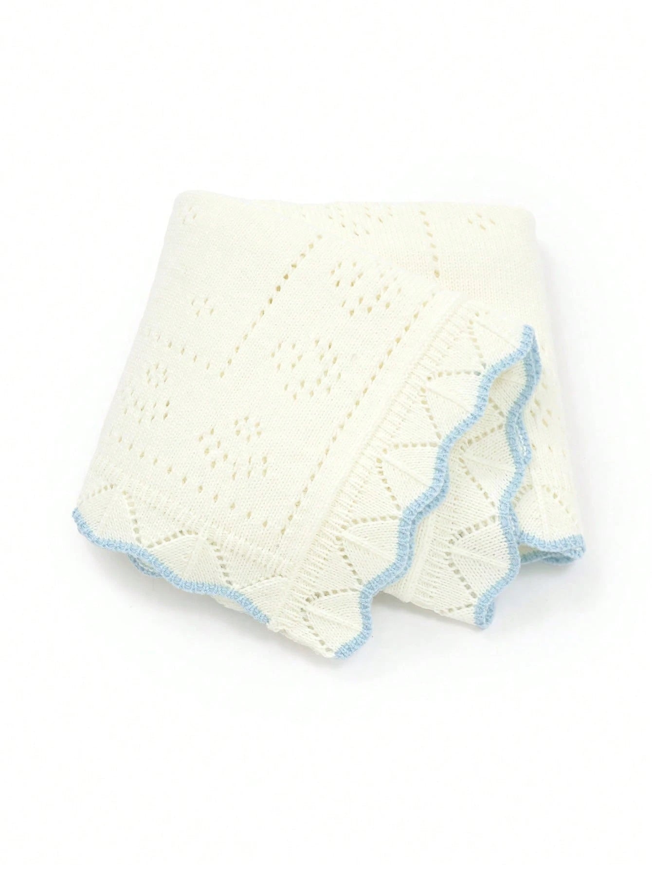 1pc Knitted Baby Blanket With Perforated Texture + Contrasting Wavy Trim, Gentle Children Blanket For All Seasons