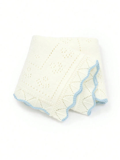 1pc Knitted Baby Blanket With Perforated Texture + Contrasting Wavy Trim, Gentle Children Blanket For All Seasons