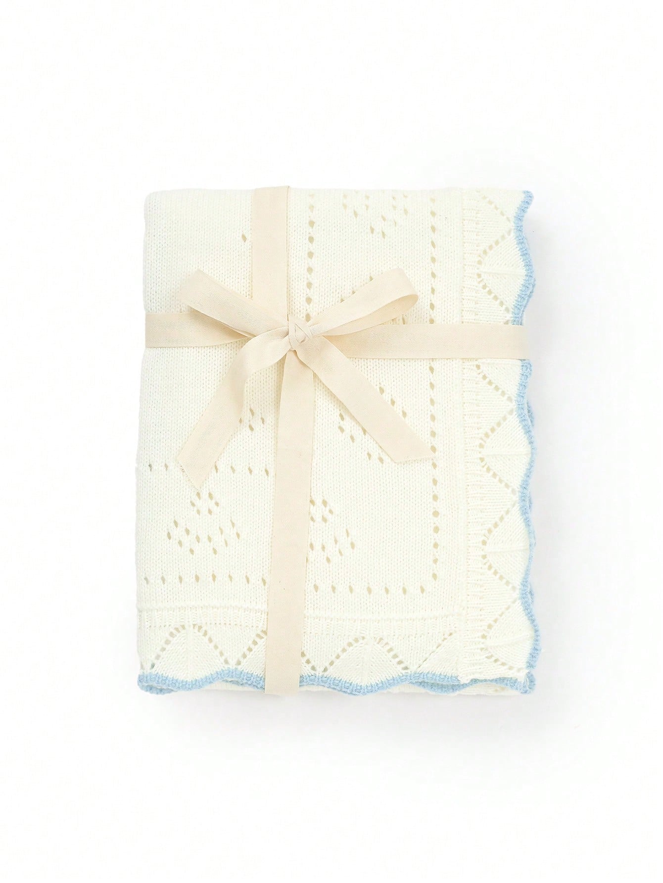 1pc Knitted Baby Blanket With Perforated Texture + Contrasting Wavy Trim, Gentle Children Blanket For All Seasons