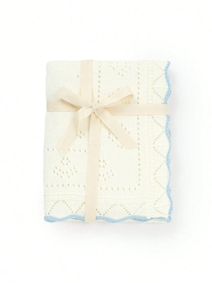 1pc Knitted Baby Blanket With Perforated Texture + Contrasting Wavy Trim, Gentle Children Blanket For All Seasons
