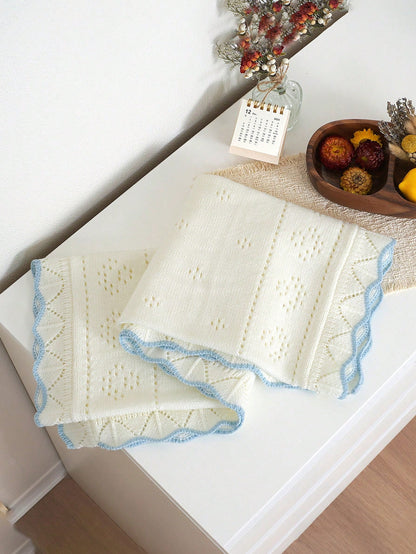 1pc Knitted Baby Blanket With Perforated Texture + Contrasting Wavy Trim, Gentle Children Blanket For All Seasons