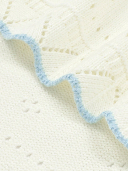 1pc Knitted Baby Blanket With Perforated Texture + Contrasting Wavy Trim, Gentle Children Blanket For All Seasons