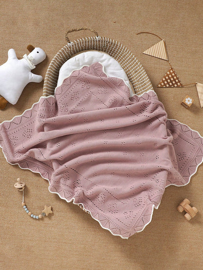 1pc Knitted Baby Blanket With Perforated Texture + Contrasting Wavy Trim, Gentle Children Blanket For All Seasons