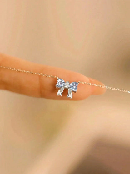1pc Ladies' Elegant Aquamarine Bow Pendant Necklace, S925 Sterling Silver Clavicle Chain, High-End Luxury Jewelry For Party And Wedding Bride