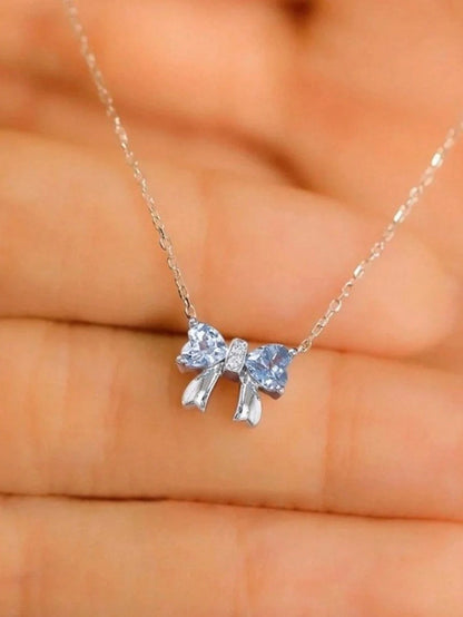 1pc Ladies' Elegant Aquamarine Bow Pendant Necklace, S925 Sterling Silver Clavicle Chain, High-End Luxury Jewelry For Party And Wedding Bride