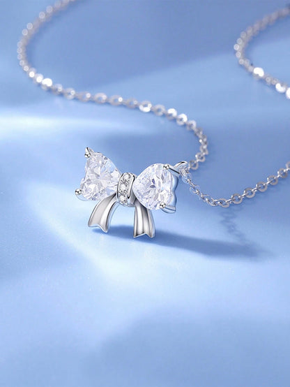 1pc Ladies' Elegant Aquamarine Bow Pendant Necklace, S925 Sterling Silver Clavicle Chain, High-End Luxury Jewelry For Party And Wedding Bride