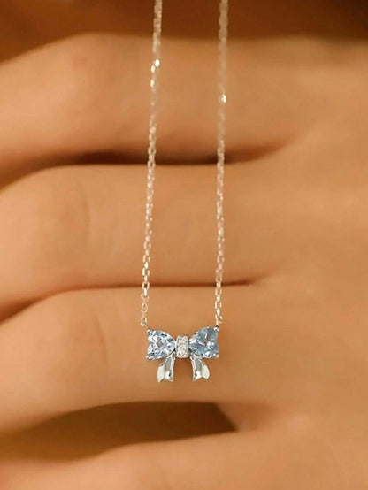 1pc Ladies' Elegant Aquamarine Bow Pendant Necklace, S925 Sterling Silver Clavicle Chain, High-End Luxury Jewelry For Party And Wedding Bride