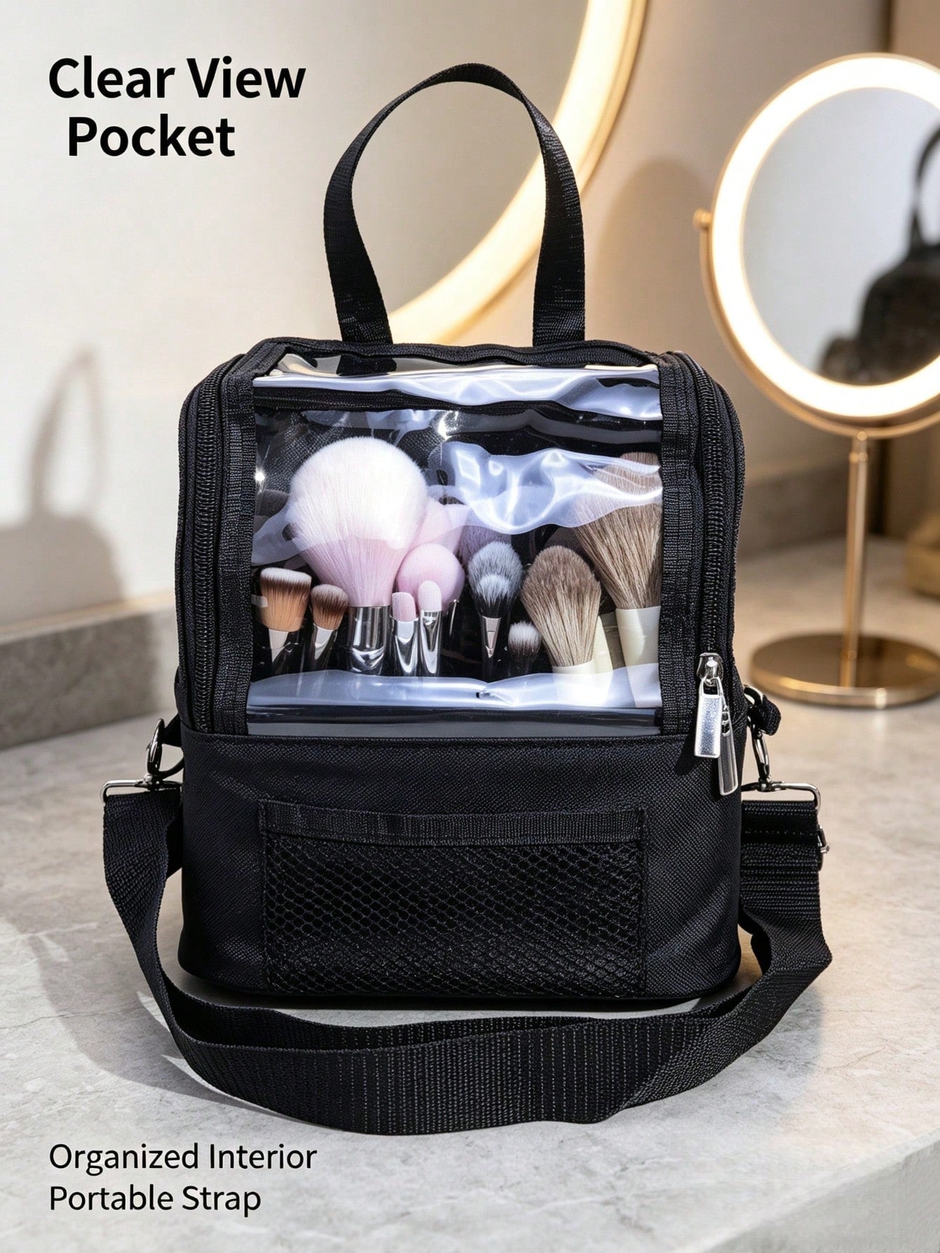1pc Large Multi-Compartment Makeup Brush Storage Bag, Portable Travel Makeup Bag With Large Capacity And Visible Window, Detachable Crossbody Shoulder Strap, Multiple Compartments, Makeup Artist Trave
