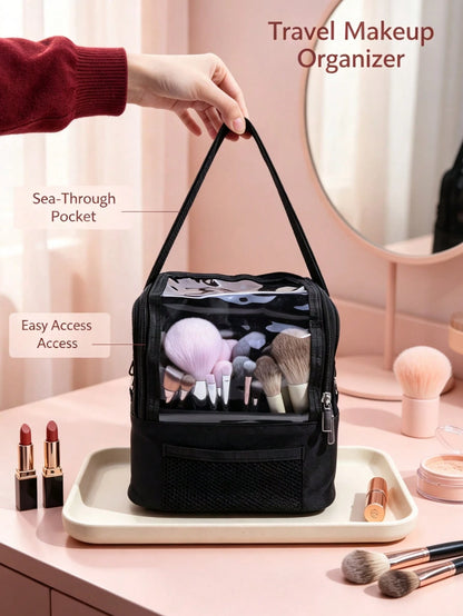 1pc Large Multi-Compartment Makeup Brush Storage Bag, Portable Travel Makeup Bag With Large Capacity And Visible Window, Detachable Crossbody Shoulder Strap, Multiple Compartments, Makeup Artist Trave