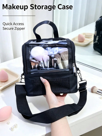 1pc Large Multi-Compartment Makeup Brush Storage Bag, Portable Travel Makeup Bag With Large Capacity And Visible Window, Detachable Crossbody Shoulder Strap, Multiple Compartments, Makeup Artist Trave
