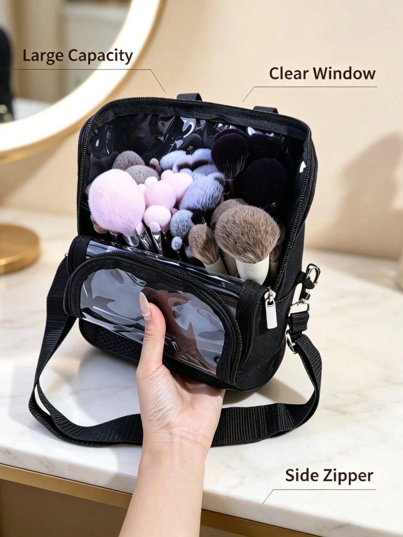 1pc Large Multi-Compartment Makeup Brush Storage Bag, Portable Travel Makeup Bag With Large Capacity And Visible Window, Detachable Crossbody Shoulder Strap, Multiple Compartments, Makeup Artist Trave