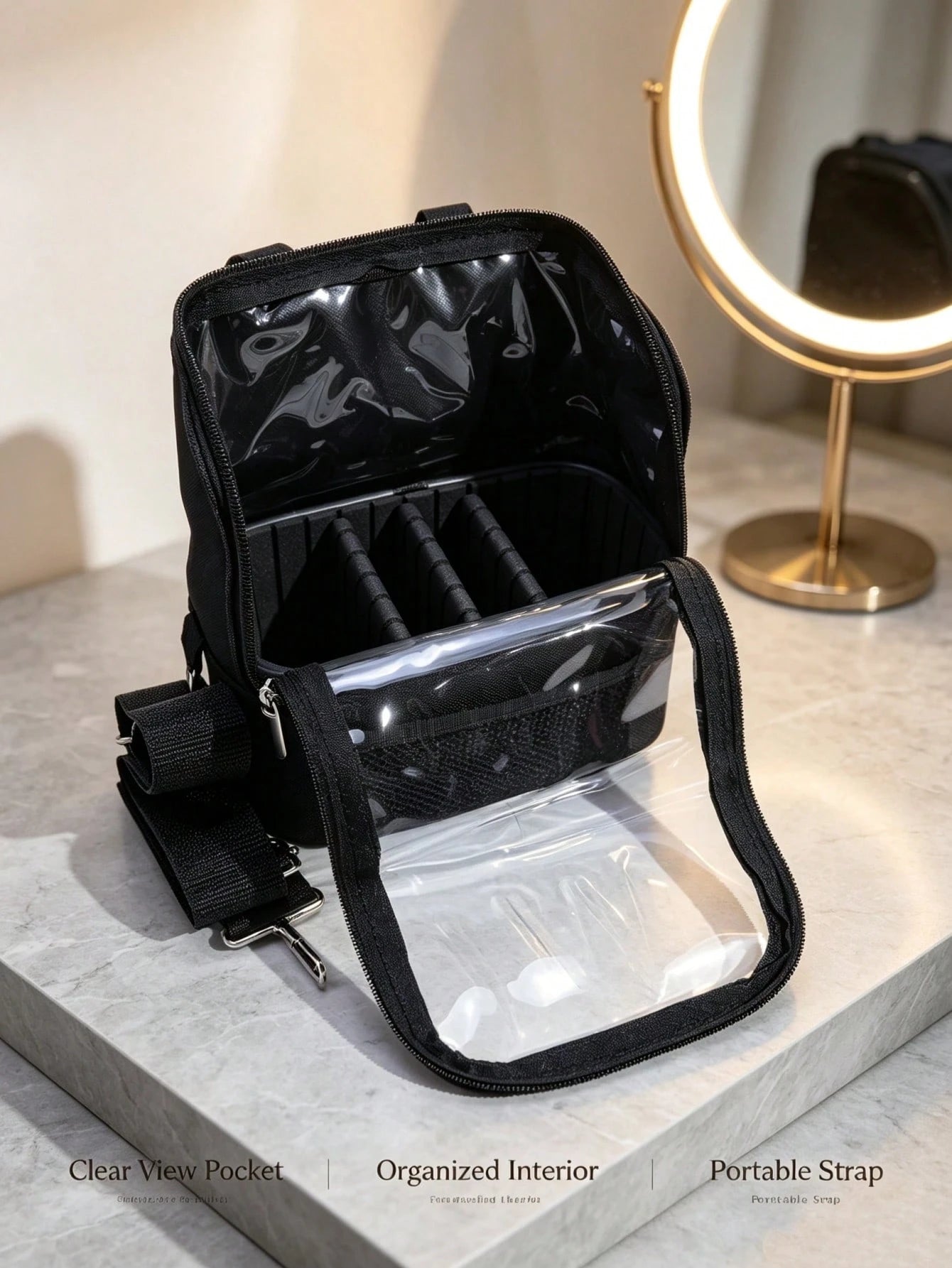 1pc Large Multi-Compartment Makeup Brush Storage Bag, Portable Travel Makeup Bag With Large Capacity And Visible Window, Detachable Crossbody Shoulder Strap, Multiple Compartments, Makeup Artist Trave