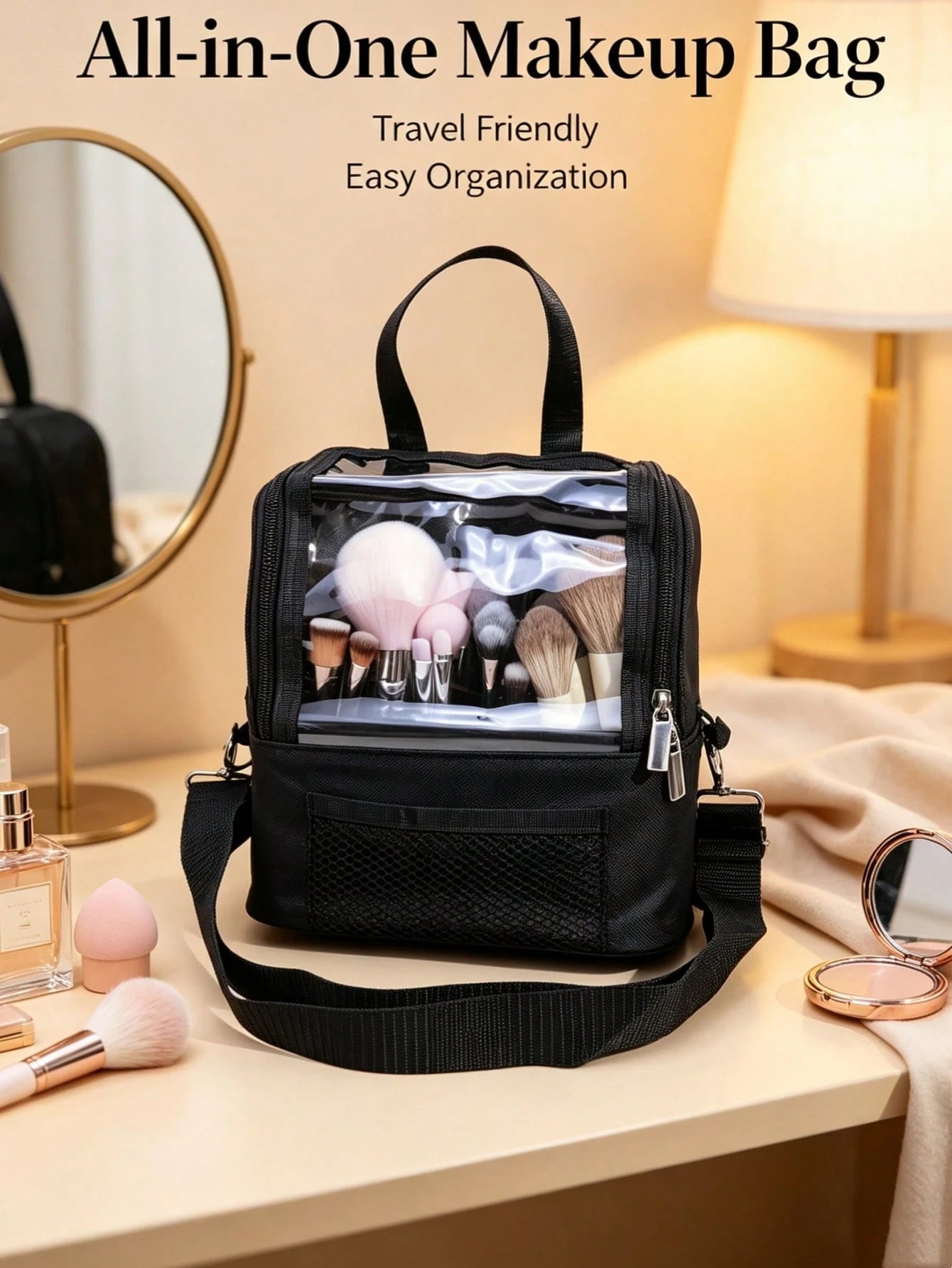 1pc Large Multi-Compartment Makeup Brush Storage Bag, Portable Travel Makeup Bag With Large Capacity And Visible Window, Detachable Crossbody Shoulder Strap, Multiple Compartments, Makeup Artist Trave