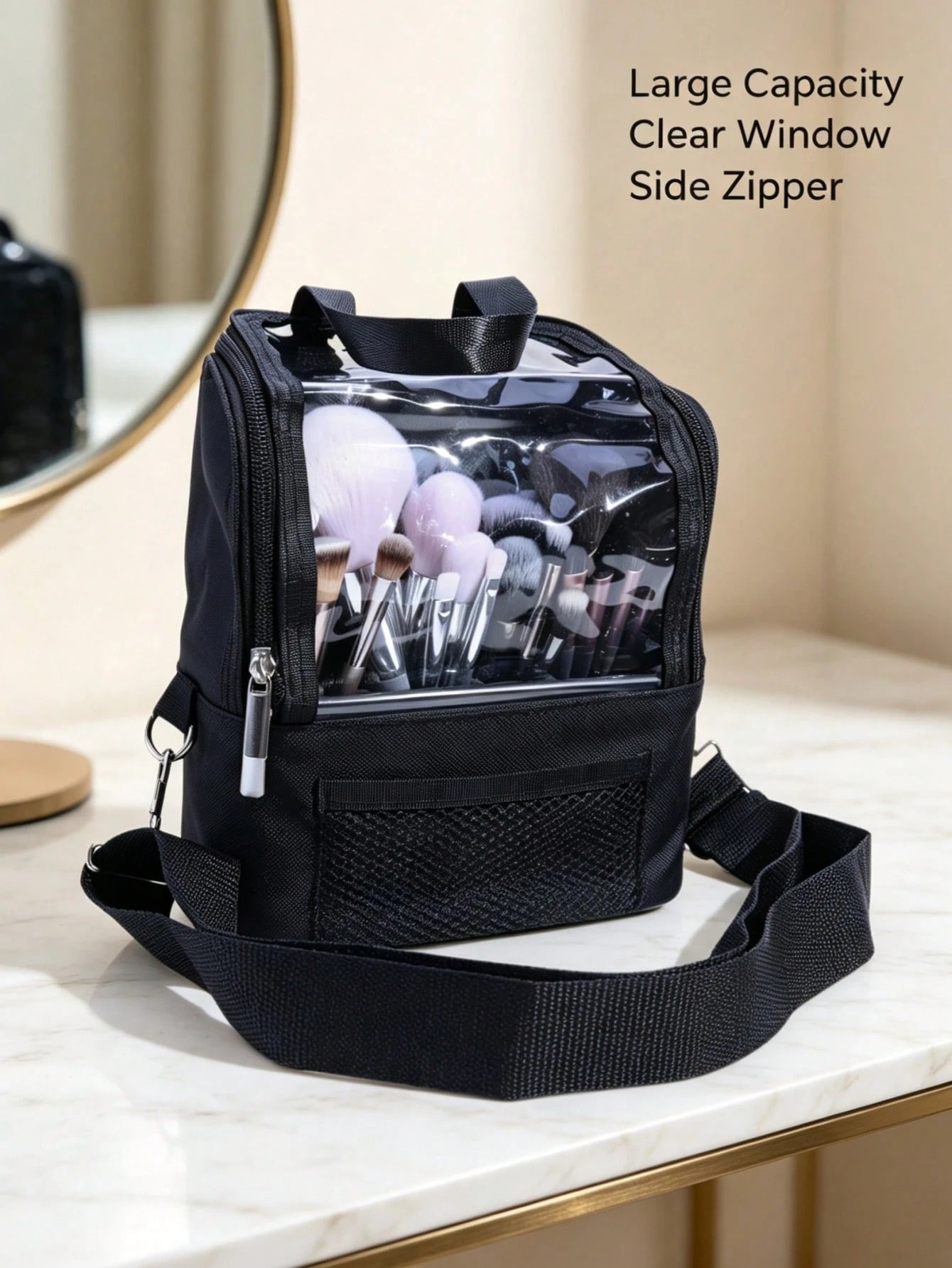 1pc Large Multi-Compartment Makeup Brush Storage Bag, Portable Travel Makeup Bag With Large Capacity And Visible Window, Detachable Crossbody Shoulder Strap, Multiple Compartments, Makeup Artist Trave