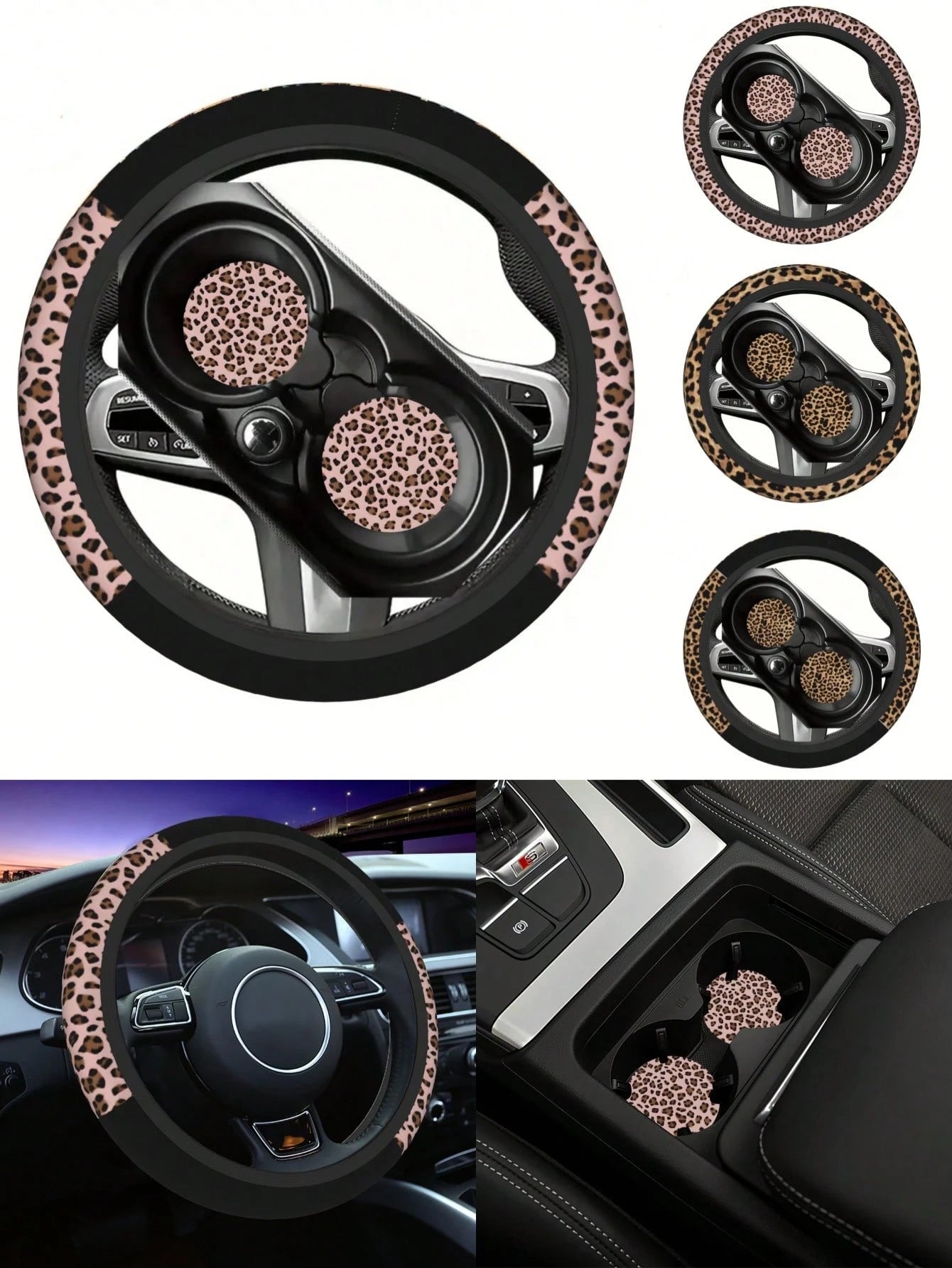 1pc Leopard Print Car Steering Wheel Cover + 2pcs Car Cup Holders, Waterproof Steering Wheel Cover Fits 14.5-15 Inch