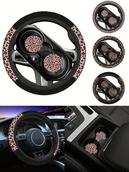 1pc Leopard Print Car Steering Wheel Cover + 2pcs Car Cup Holders, Waterproof Steering Wheel Cover Fits 14.5-15 Inch