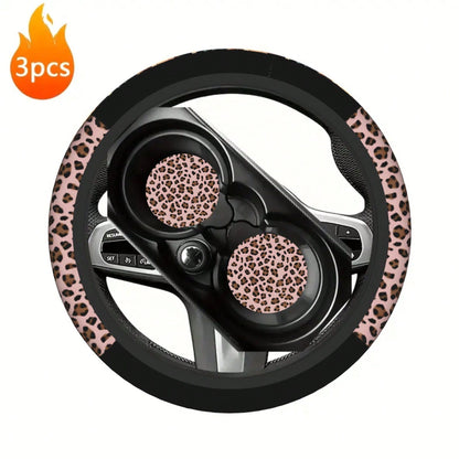 1pc Leopard Print Car Steering Wheel Cover + 2pcs Car Cup Holders, Waterproof Steering Wheel Cover Fits 14.5-15 Inch