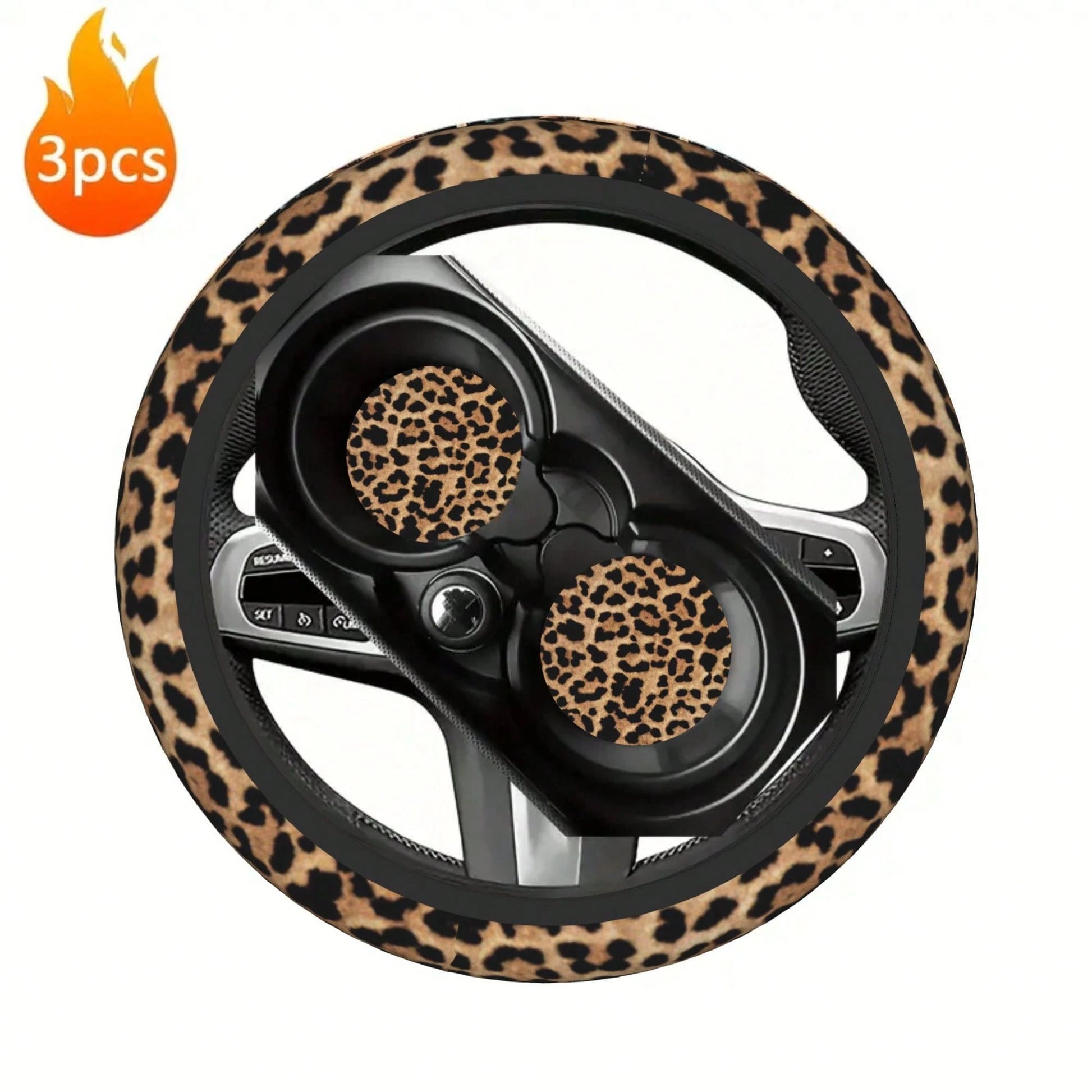 1pc Leopard Print Car Steering Wheel Cover + 2pcs Car Cup Holders, Waterproof Steering Wheel Cover Fits 14.5-15 Inch