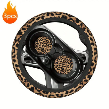 1pc Leopard Print Car Steering Wheel Cover + 2pcs Car Cup Holders, Waterproof Steering Wheel Cover Fits 14.5-15 Inch