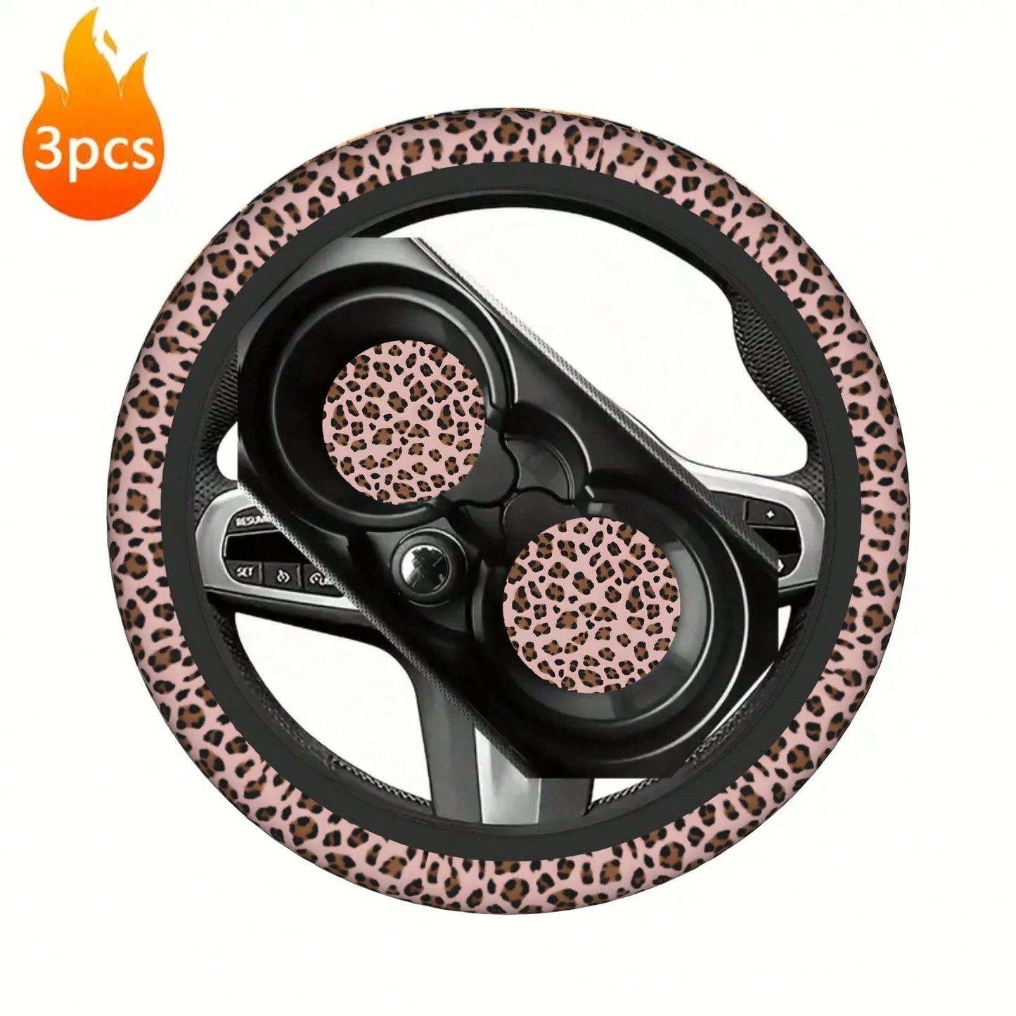 1pc Leopard Print Car Steering Wheel Cover + 2pcs Car Cup Holders, Waterproof Steering Wheel Cover Fits 14.5-15 Inch