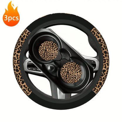 1pc Leopard Print Car Steering Wheel Cover + 2pcs Car Cup Holders, Waterproof Steering Wheel Cover Fits 14.5-15 Inch