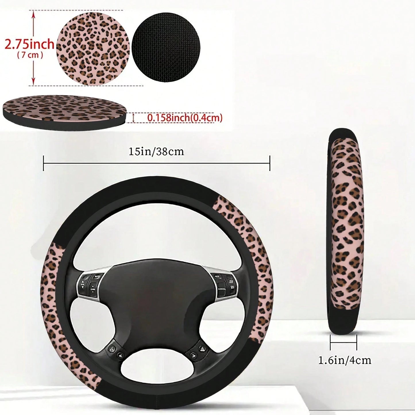 1pc Leopard Print Car Steering Wheel Cover + 2pcs Car Cup Holders, Waterproof Steering Wheel Cover Fits 14.5-15 Inch