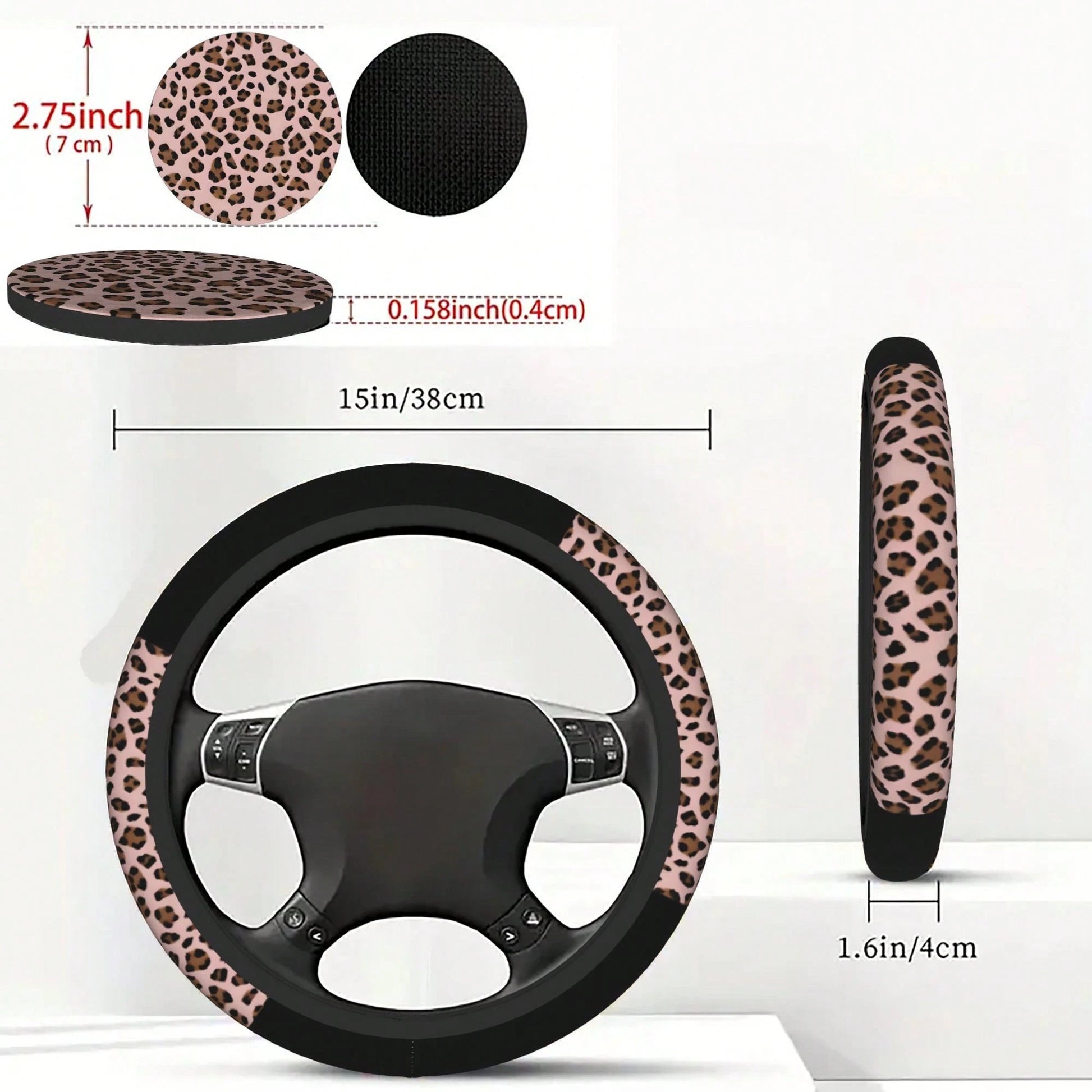 1pc Leopard Print Car Steering Wheel Cover + 2pcs Car Cup Holders, Waterproof Steering Wheel Cover Fits 14.5-15 Inch