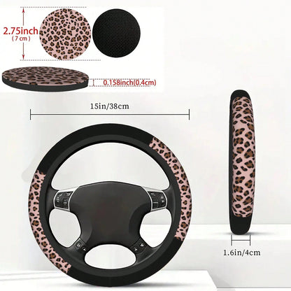 1pc Leopard Print Car Steering Wheel Cover + 2pcs Car Cup Holders, Waterproof Steering Wheel Cover Fits 14.5-15 Inch