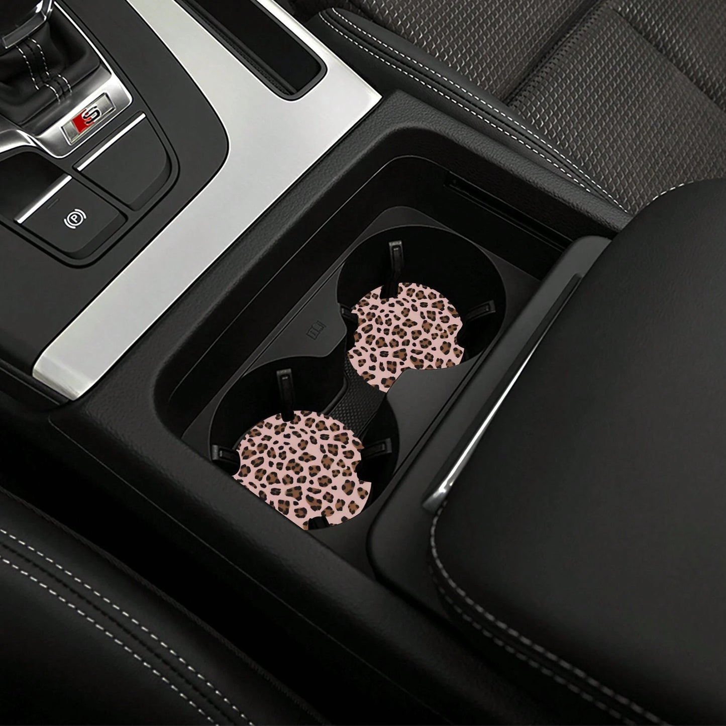1pc Leopard Print Car Steering Wheel Cover + 2pcs Car Cup Holders, Waterproof Steering Wheel Cover Fits 14.5-15 Inch