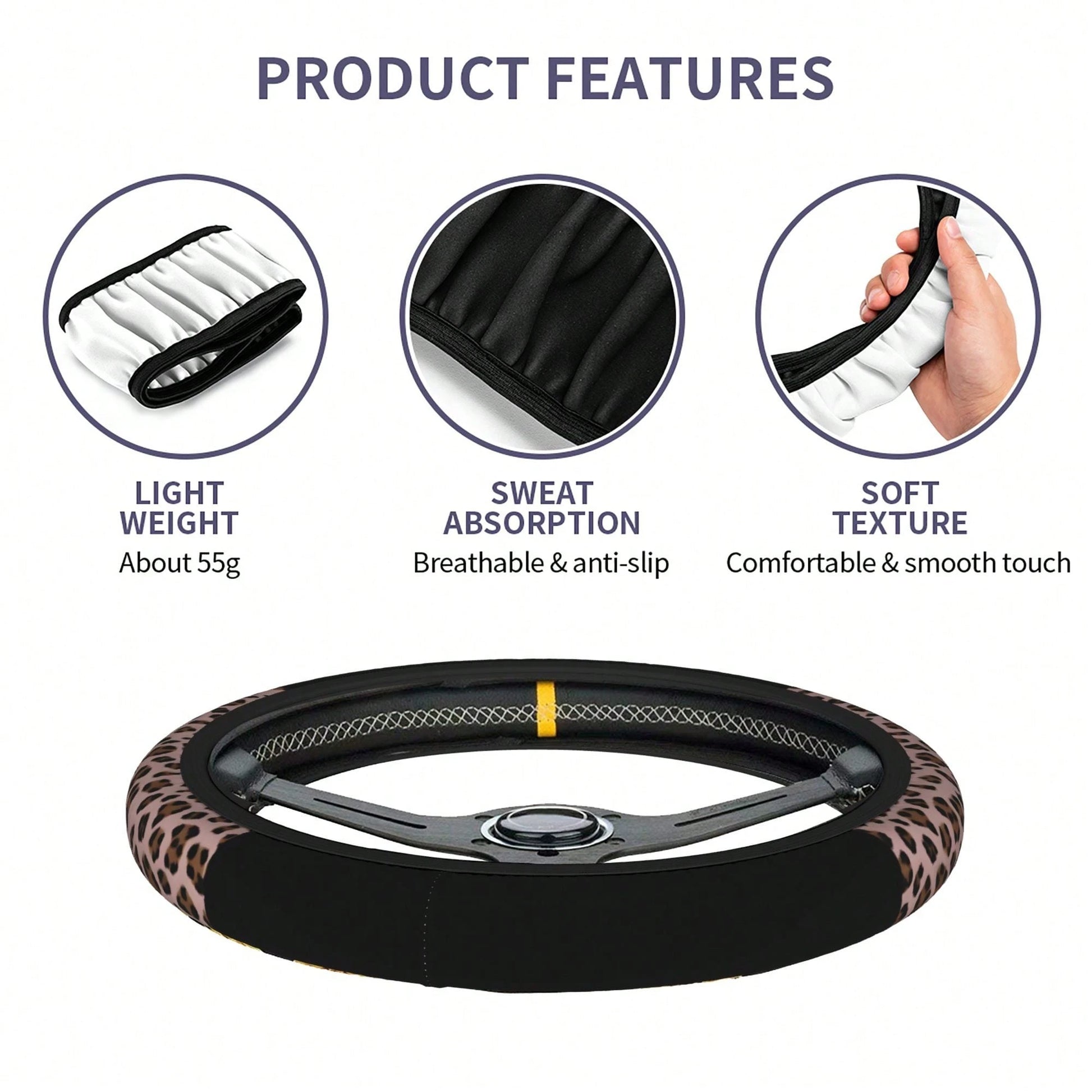 1pc Leopard Print Car Steering Wheel Cover + 2pcs Car Cup Holders, Waterproof Steering Wheel Cover Fits 14.5-15 Inch