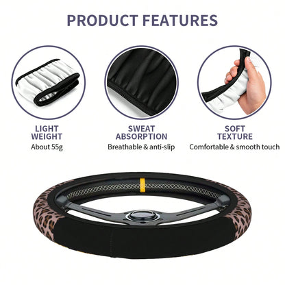 1pc Leopard Print Car Steering Wheel Cover + 2pcs Car Cup Holders, Waterproof Steering Wheel Cover Fits 14.5-15 Inch