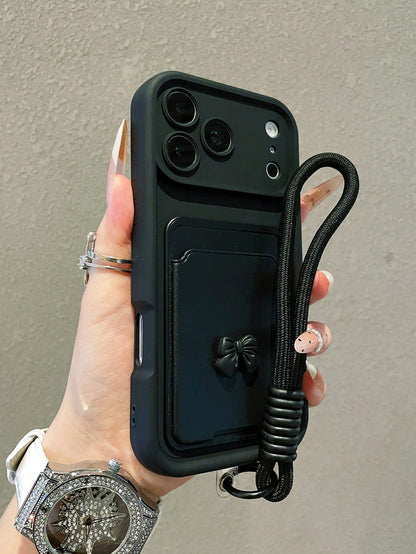 1pc Luxury Minimalist Bow Card Holder Diamond Sand Gradient Phone Case With Lanyard, Compatible With Apple 17/17Pro/17promax/16/16Pro/16Promax/15/15Pro/15Promax/14/13/12/11 Protective Cover