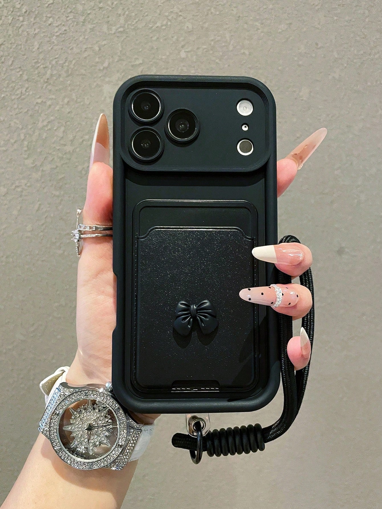 1pc Luxury Minimalist Bow Card Holder Diamond Sand Gradient Phone Case With Lanyard, Compatible With Apple 17/17Pro/17promax/16/16Pro/16Promax/15/15Pro/15Promax/14/13/12/11 Protective Cover