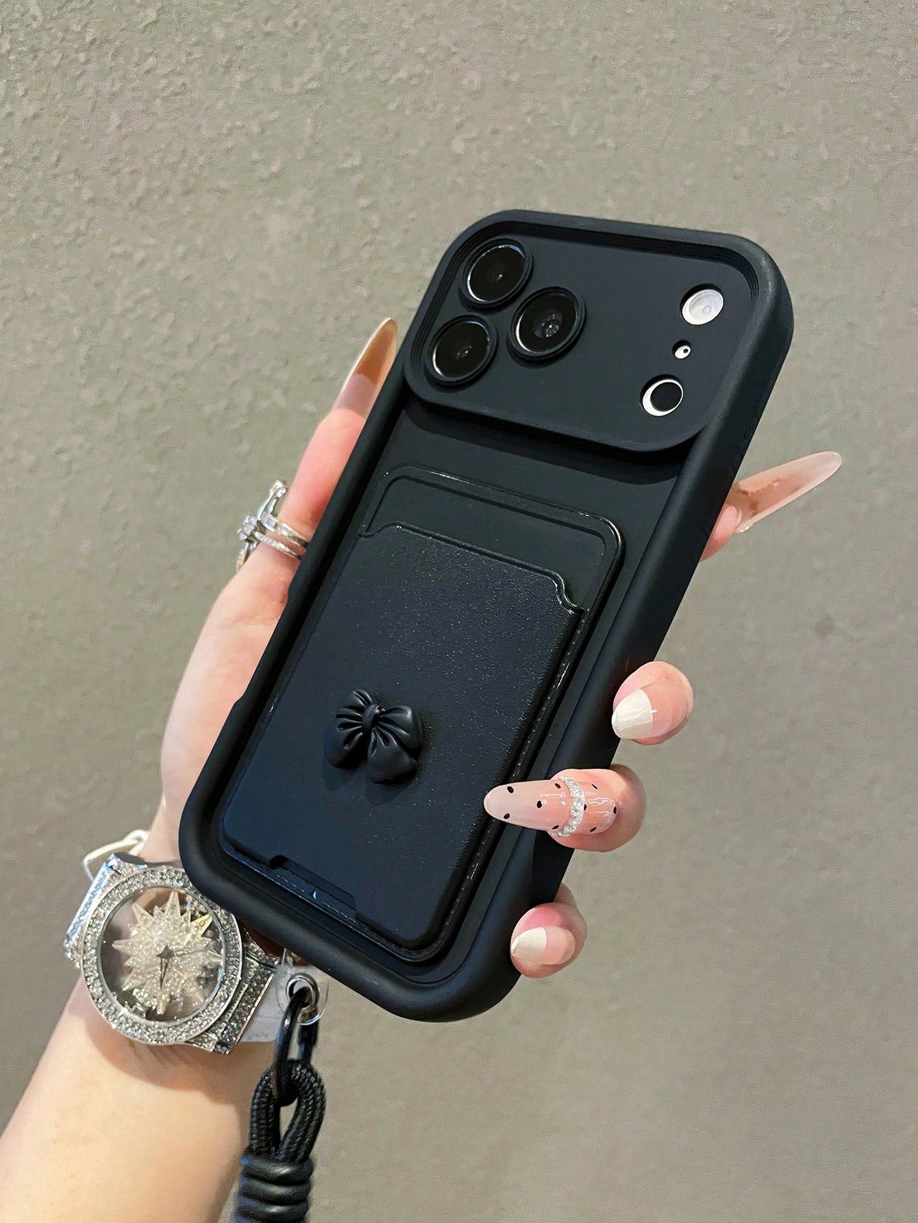 1pc Luxury Minimalist Bow Card Holder Diamond Sand Gradient Phone Case With Lanyard, Compatible With Apple 17/17Pro/17promax/16/16Pro/16Promax/15/15Pro/15Promax/14/13/12/11 Protective Cover