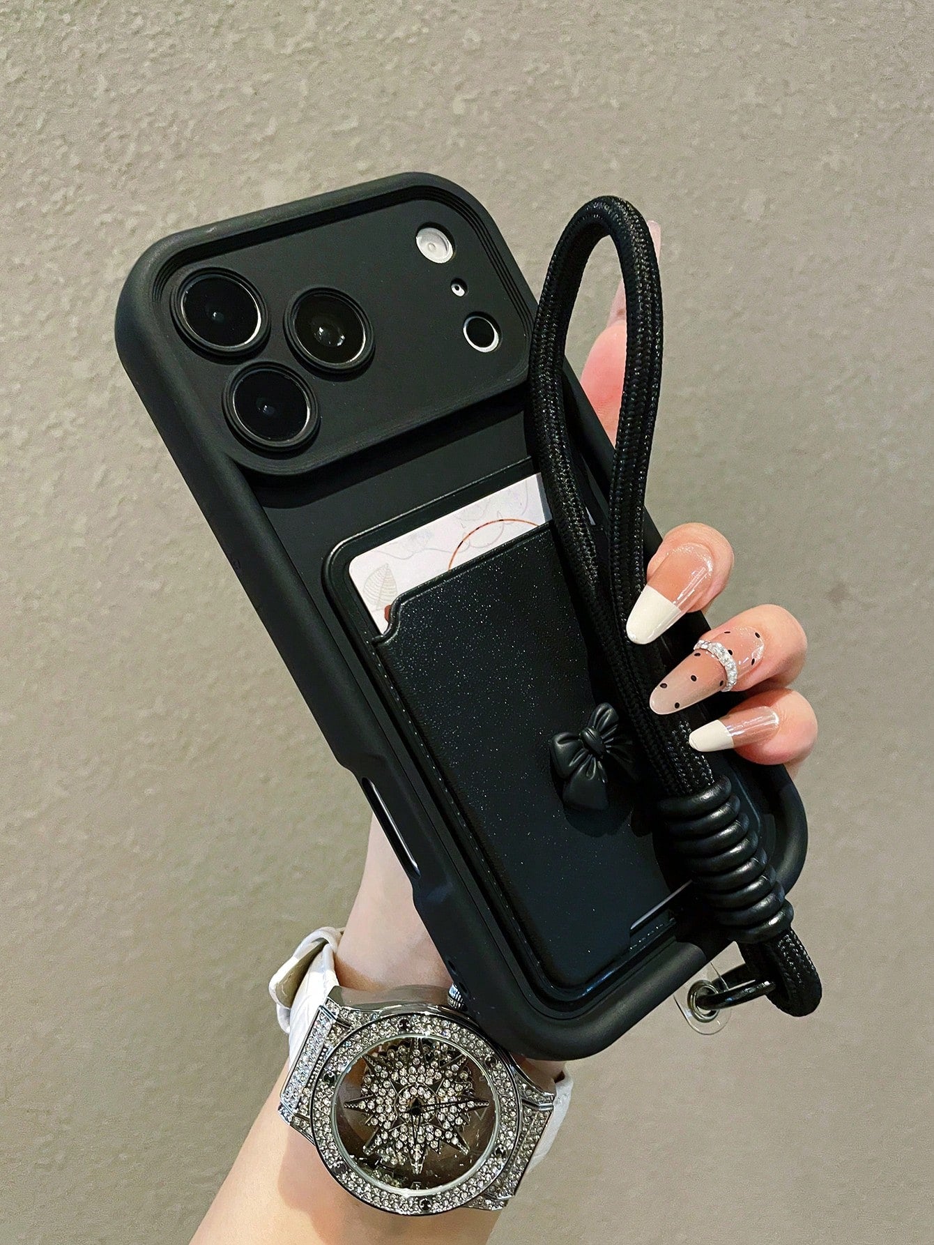 1pc Luxury Minimalist Bow Card Holder Diamond Sand Gradient Phone Case With Lanyard, Compatible With Apple 17/17Pro/17promax/16/16Pro/16Promax/15/15Pro/15Promax/14/13/12/11 Protective Cover