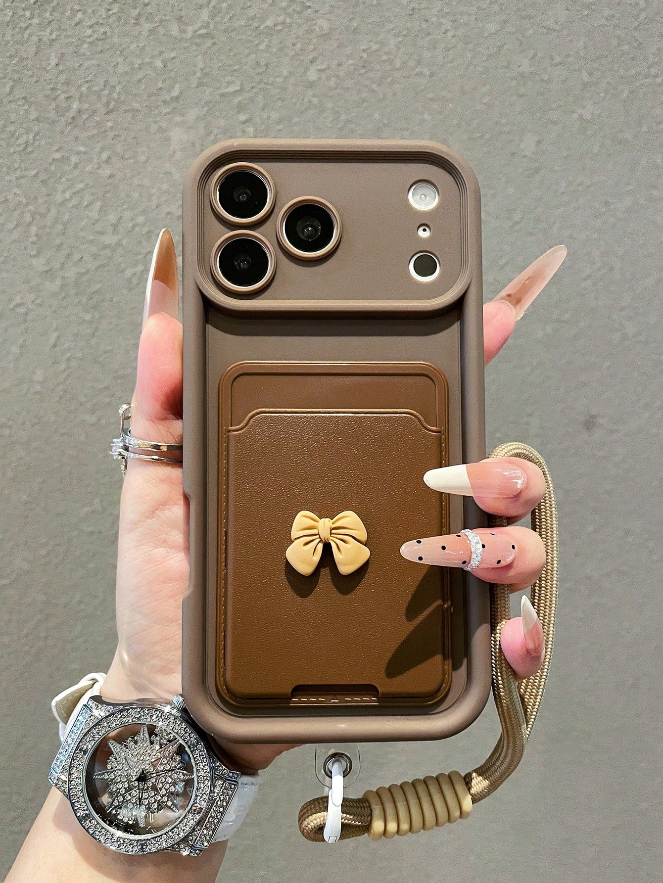1pc Luxury Minimalist Bow Card Holder Diamond Sand Gradient Phone Case With Lanyard, Compatible With Apple 17/17Pro/17promax/16/16Pro/16Promax/15/15Pro/15Promax/14/13/12/11 Protective Cover